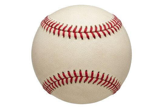 Close up of a classic white baseball with prominent red stitching