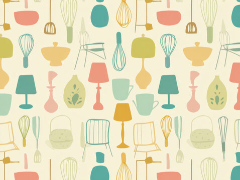 Seamless repeating pattern retro aesthetic soft color pastel palette kitchen utensil chair lamp vase cup decor