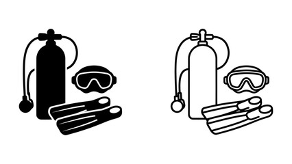 Scuba Diving Gear Iconography: A set of stylized icons depicting essential scuba diving equipment, including a compressed air tank, mask, and fins. © Sajid