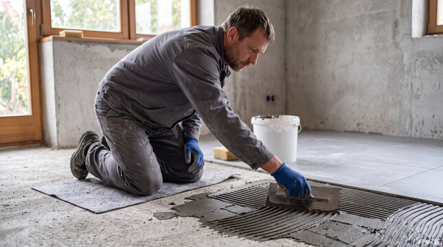 Tiler spreading adhesive with a notched trowel while laying large floor tiles in a bare room