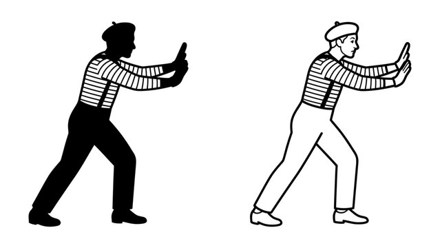 Mime Artist Pushing an Invisible Wall: A classic mime artist, depicted in both silhouette and line art, wears a striped shirt, beret, and suspenders.