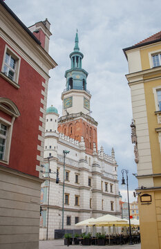 Poznan City Hall close up between old historical houses on Old Town square. Main symbol of polish city, old architecture, Poznan city center.