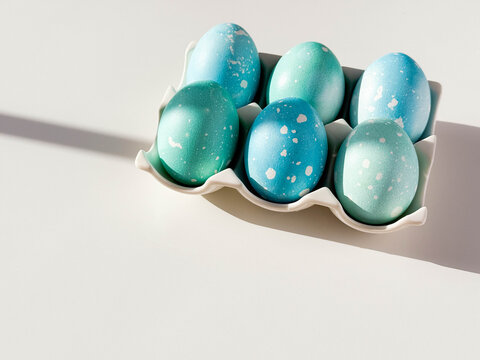 Blue colored Easter eggs with dots on ceramic stand on white table with copy space close up. Festive homemade Easter eggs under bright morning sunlight. Easter traditions, creative decoration