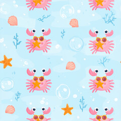 Fototapeta premium Seamless pattern of pink crab with shell and starfish in blue underwater scene