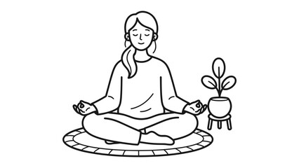 Meditative Calm: A serene woman finds inner peace while meditating in a cross-legged lotus position, a small potted plant adding a touch of life to the tranquil scene.