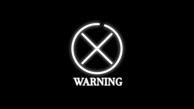 White luminous warning icon traces a circle and diagonal cross before the uppercase WARNING label appears, centered with a subtle floor glow on pure black.