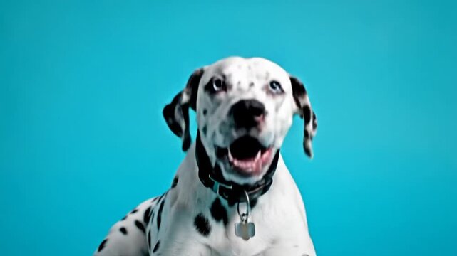 Happy Dalmatian dog portrait with black spots and blue eyes smiling at the camera against a blue background.
