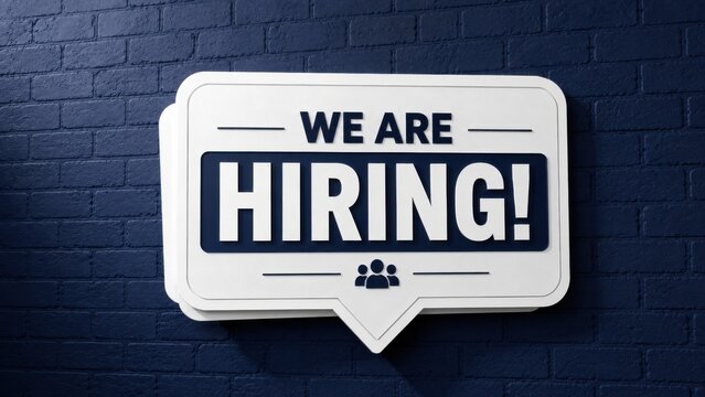 We are hiring sign 3d rendered text on dark blue brick wall background for recruitment and career job.