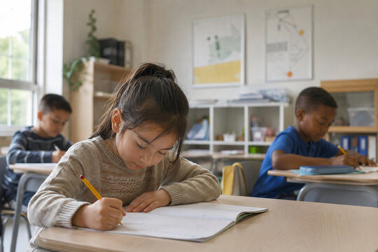 Focused elementary student writing in a workbook at a classroom desk while classmates study in the softly blurred background.