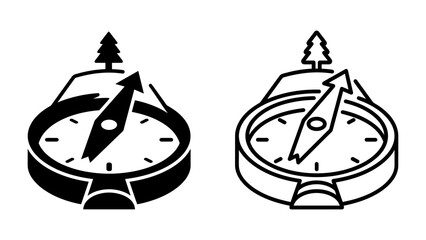 Fototapeta premium Compass Icon with Tree and Island: A set of minimalist compass icons, one solid black and one outlined, both featuring a small tree atop a stylized island, symbolizing adventure and direction.