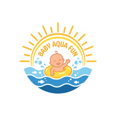Obraz premium The image captures a joyful baby floating in a pool wearing a yellow ring while waves and a sun motif suggest fun water activities, representing childhood joy and safety.
