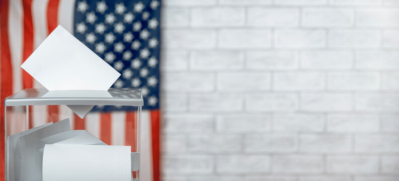 US election banner with voting ballot entering a transparent voting box, the US flag in the background with copy space, symbolizing American elections and democracy.