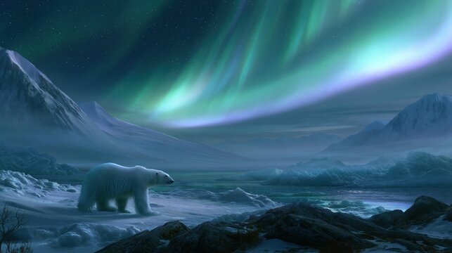 Polar bear walks on ice under northern lights in a cold landscape at night near the water