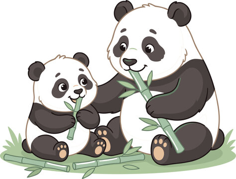 Vector Illustration of Cute Mother and Baby Panda Bear Mascot Characters Featuring Kawaii Animals Sitting on Grass Eating Fresh Green Bamboo Stems for Nursery Designs