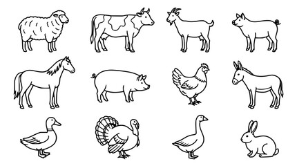 Fototapeta premium Farm animals line art set featuring cow, pig, sheep, goat, and chicken with minimalist style and vector illustration