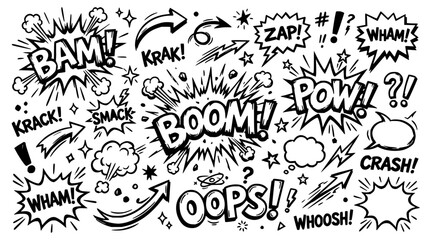 Fototapeta premium Comic sound effects and symbols set with speech bubbles, onomatopoeia, and action marks featuring explosion, zap, and pow with vintage comic style and bold typography
