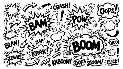 Obraz premium Comic sound effects and symbols set with bold typography and dynamic shapes featuring explosion, zap, pow, boom, and crash with speech bubbles and onomatopoeia