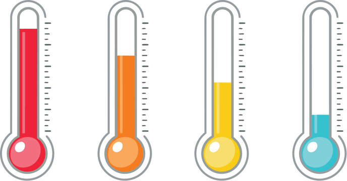 Four colorful thermometers with varying temperature levels, representing climate change, weather, or health monitoring data.