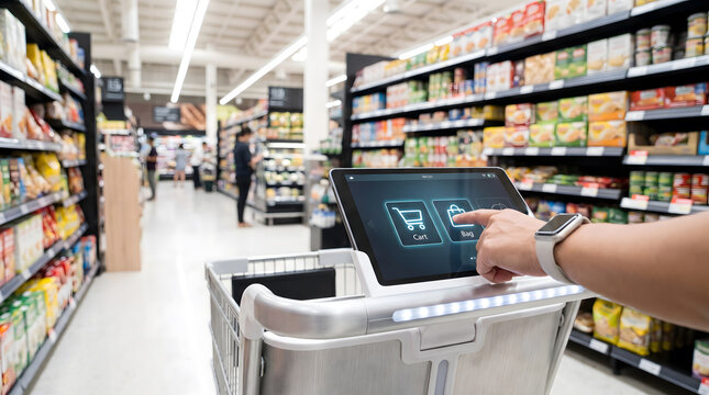 Person Using Smart Shopping Cart Digital Screen Touch UI in Supermarket Aisle