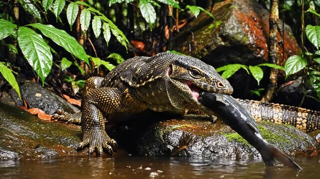 Large monitor lizard on rock eating a fish in natural environment, hunting behavior display