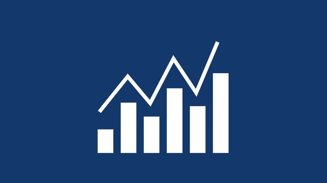 Animated bar chart and line graph overlay on a solid navy blue background, representing financial growth, data analysis, market, trends, corporate statistics, and business performance metrics