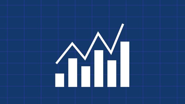 Dynamic animated bar chart and line graph rising on a blue grid background, representing financial growth, business success, data analytics, market trends, and corporate performance metrics