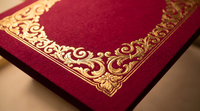 Red Paper Texture with Ornamental Vintage Gold Foil Border Frame Accent