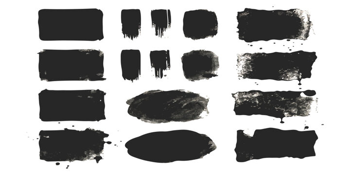 Set of black ink brush strokes and paint marks with rough texture