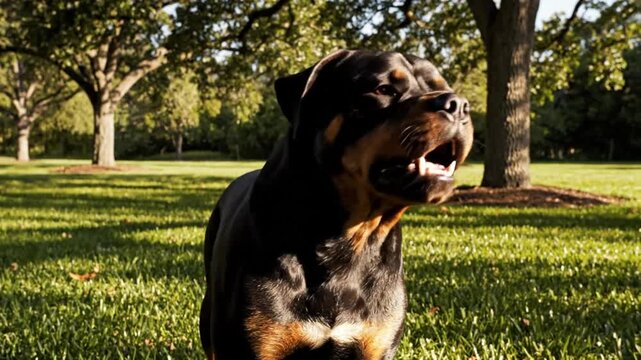 Powerful Rottweiler Dog Barks Loudly Outdoors in Bright Sunlight with Green Grass and Trees in the Background