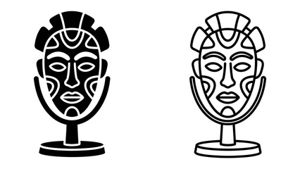 African Mask Icon: A striking representation of an African tribal mask, depicted in both a solid black silhouette and a clean outline style, symbolizing cultural heritage and artistic expression. © Kuddus