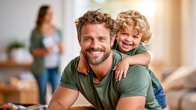 Father packing a suitcase as toddler climbs on back