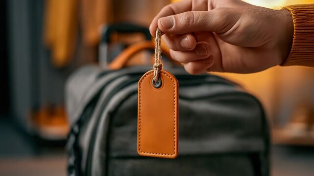 Close up of hands tying a luggage tag on a backpack