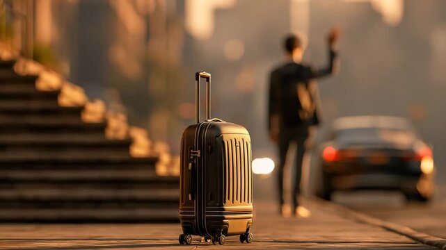 Traveler pulling a suitcase down apartment steps