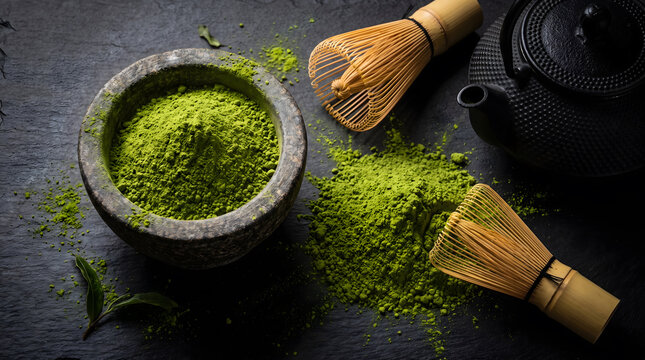Traditional Japanese Green Matcha Powder with Bamboo Whisk and Iron Teapot