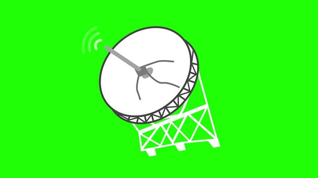 Simple satellite dish antenna icon with signal waves shown as a line drawing for communication and broadcast concepts animation