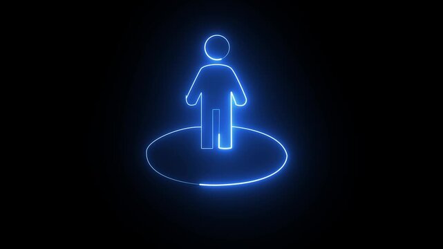 Glowing blue neon person icon standing inside a circular shape on a dark background