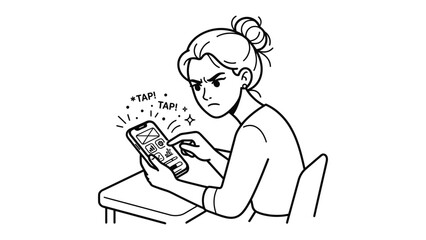 Frustrated User with Smartphone: A woman sits at a desk, her brow furrowed in concentration and frustration as she taps furiously at her smartphone.