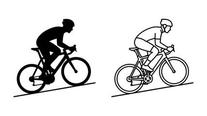 Cyclist Silhouette and Line Art: Two artistic depictions of a cyclist in motion, one a striking silhouette and the other a clean line drawing, showcasing the athleticism and dedication of the sport. © Raima