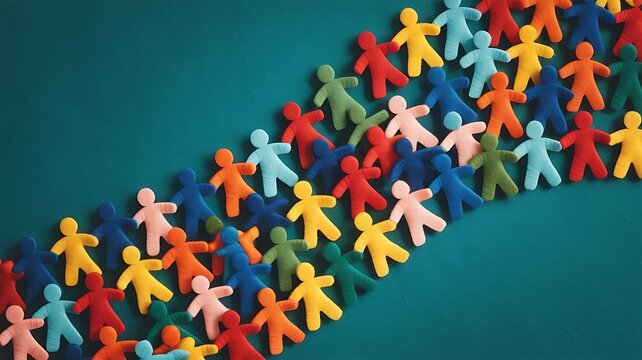 A diagonal wave pattern of colorful small human-shaped figures made of felt on a dark teal background, representing diversity and community unity