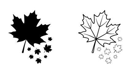 Autumn Leaf Duo: A pair of maple leaves, one solid black and the other an outline, drift downwards with smaller fallen leaves. © Raima