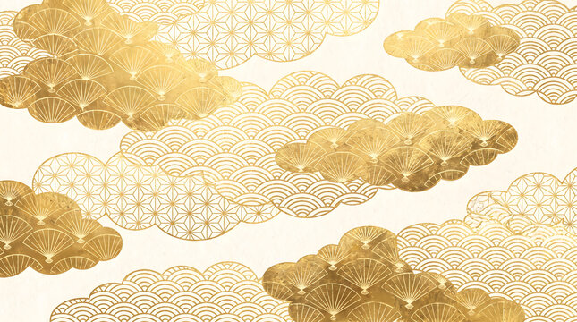 Japanese Traditional Golden Pattern Background with Seigaiha Waves Asanoha and Cloud Motifs