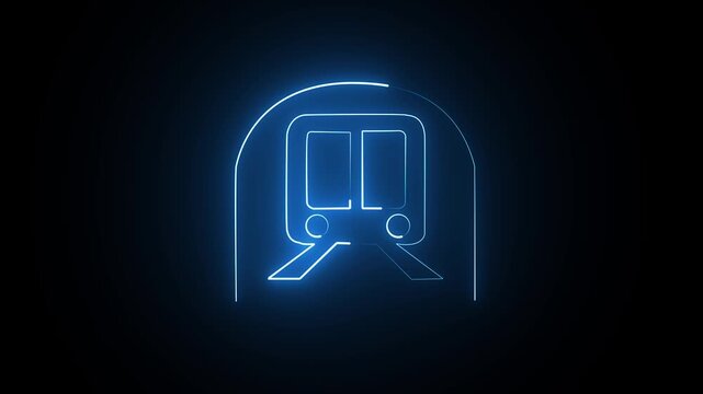 Neon blue subway train icon inside a tunnel on a dark background