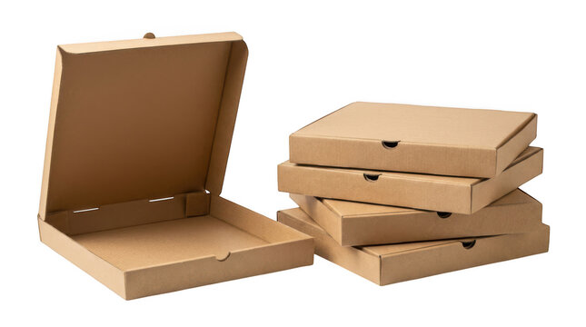 Stack of cardboard pizza boxes with one open box isolated on transparent background