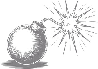 Un grabado de estilo vintage de una bomba de dibujos animados redonda con una mecha encendida lista para explotar sobre fondo blanco