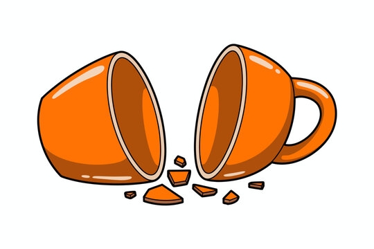 Una vibrante taza de caf&eacute; de cer&aacute;mica naranja rota en dos trozos grandes con peque&ntilde;os fragmentos esparcidos por el suelo blanco