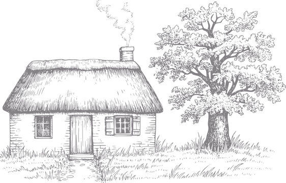Un dibujo a mano vintage de una acogedora caba&ntilde;a con techo de paja y una chimenea humeante junto a un gran roble