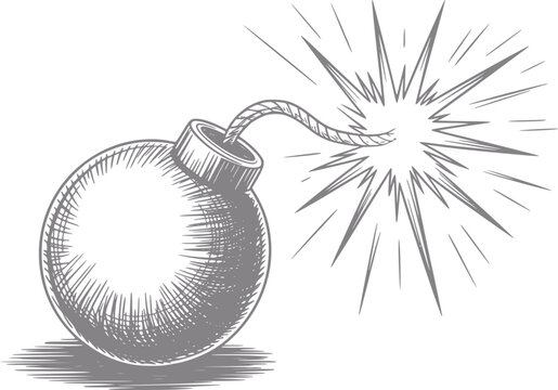 Un grabado de estilo vintage de una bomba de dibujos animados redonda con una mecha encendida lista para explotar sobre fondo blanco