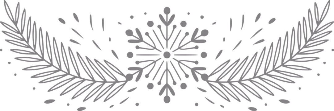 Borde decorativo de copos de nieve y ramas de pino dibujado a mano para proyectos estacionales de vacaciones de invierno