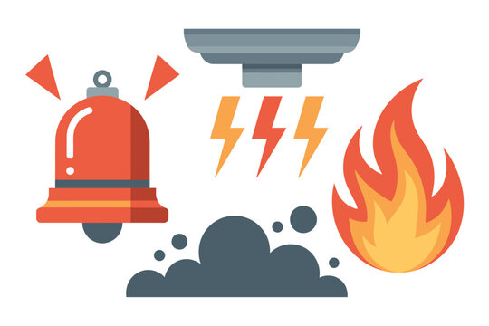 Seguridad contra incendios con una campana de alarma roja, detector de humo, rayos, nubes de humo oscuro y llamas naranjas