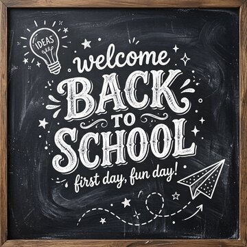 Welcome back to school blackboard chalk lettering with lightbulb and paper airplane drawing